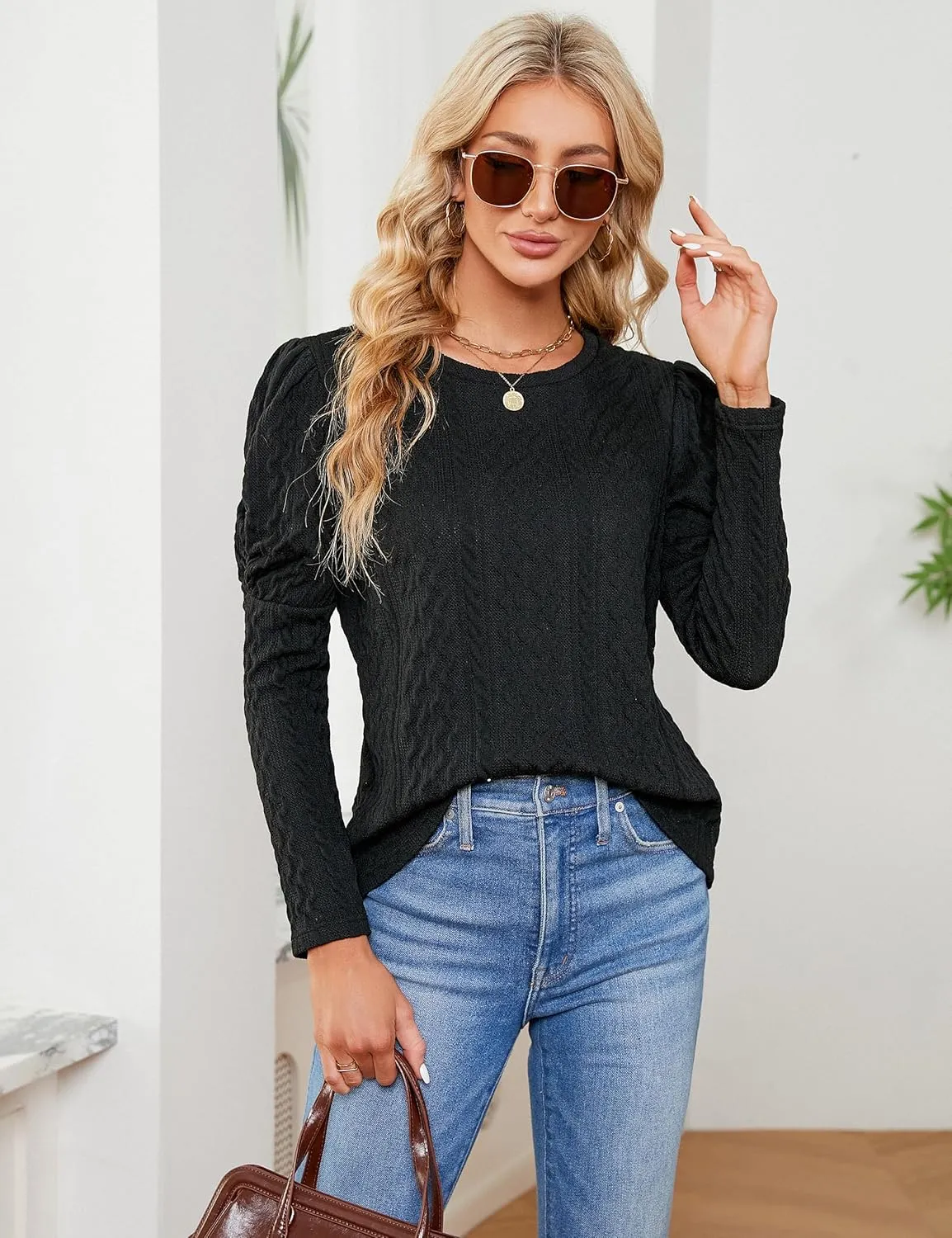 Blooming Jelly Womens Fall Sweaters Dressy Casual Pullover Tops Puff Long Sleeve Cable Knit Business Jumper Shirt Blouse