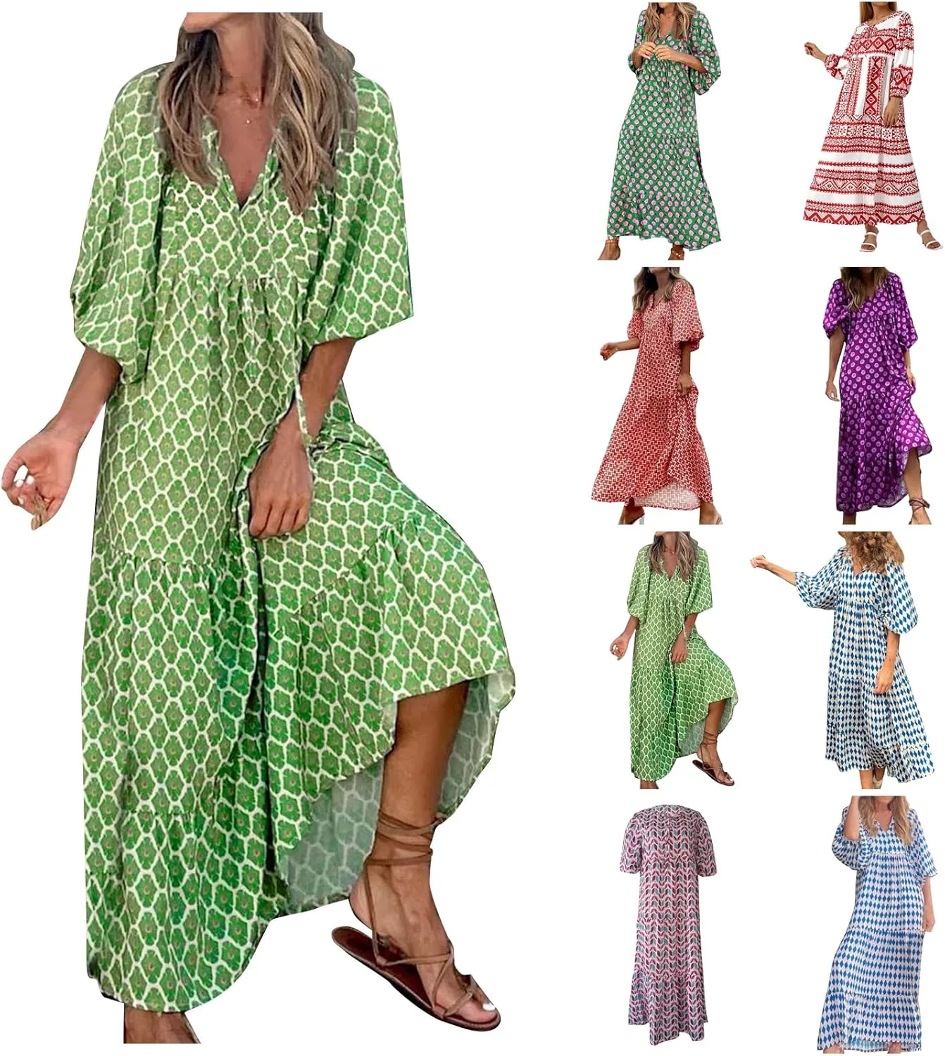 Boho Dresses for Women 2025 Puff Sleeve Geometric Tiered Maxi Dress Summer Comfy Shift Bohemian Beach Long Dress