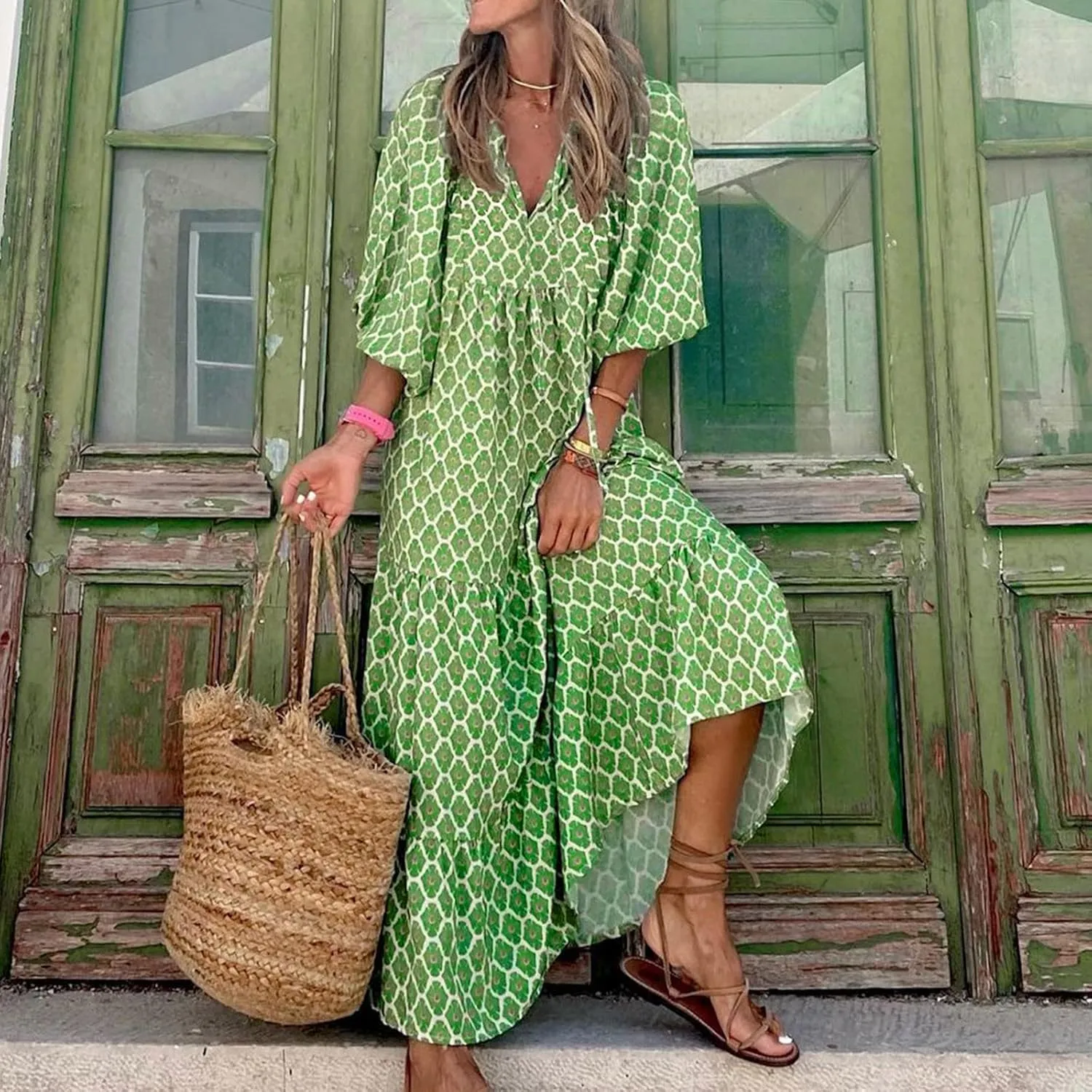 Boho Dresses for Women 2025 Puff Sleeve Geometric Tiered Maxi Dress Summer Comfy Shift Bohemian Beach Long Dress