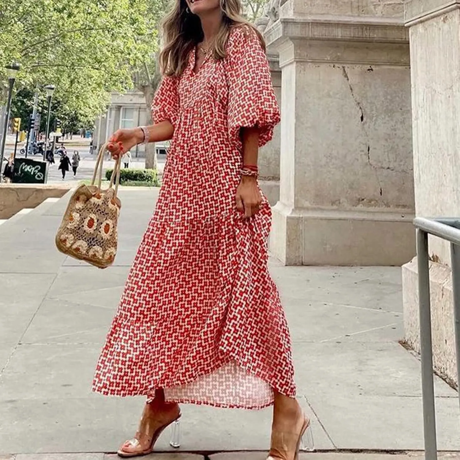 Boho Dresses for Women 2025 Puff Sleeve Geometric Tiered Maxi Dress Summer Comfy Shift Bohemian Beach Long Dress