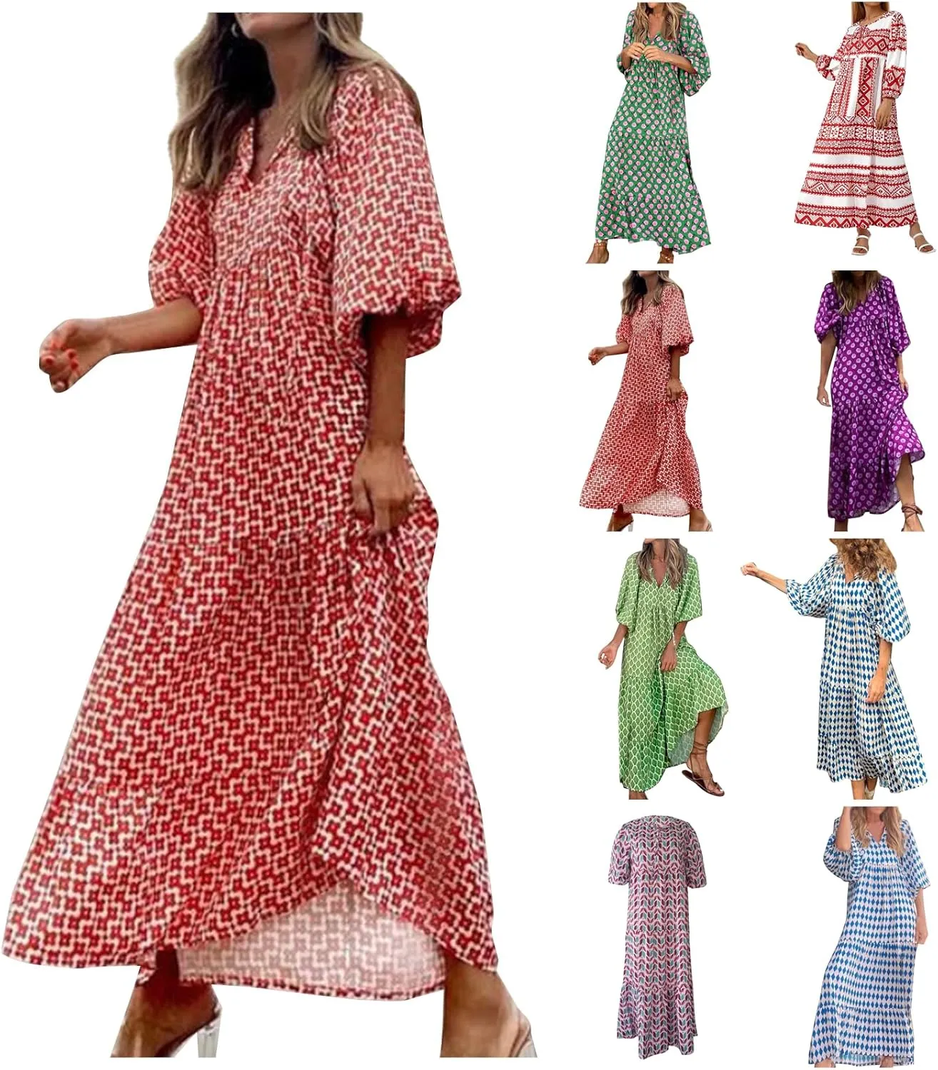 Boho Dresses for Women 2025 Puff Sleeve Geometric Tiered Maxi Dress Summer Comfy Shift Bohemian Beach Long Dress