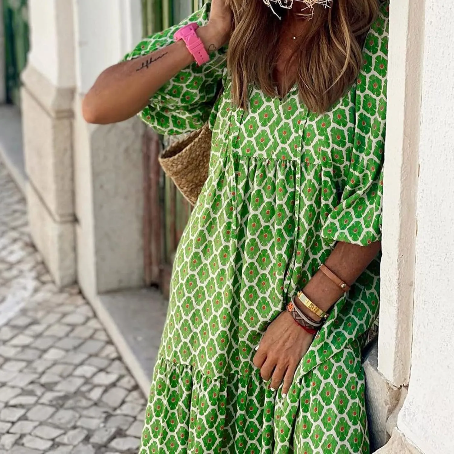 Boho Dresses for Women 2025 Puff Sleeve Geometric Tiered Maxi Dress Summer Comfy Shift Bohemian Beach Long Dress