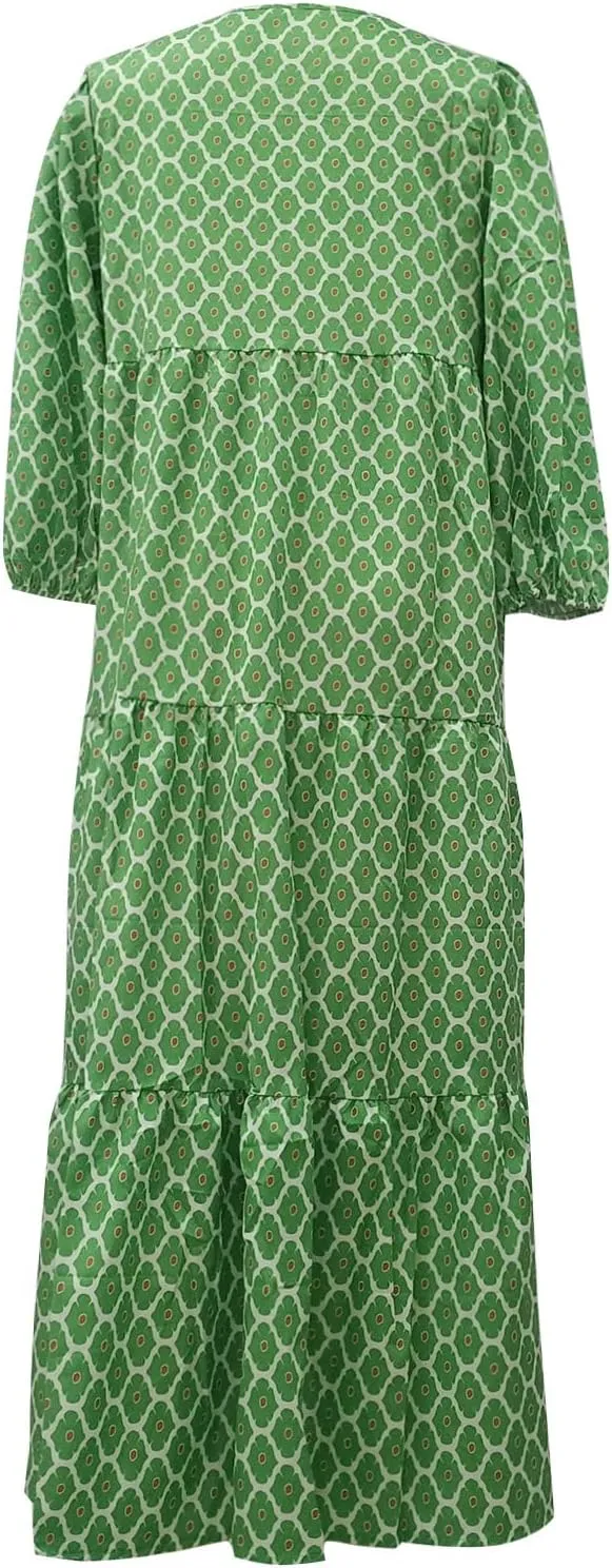 Boho Dresses for Women 2025 Puff Sleeve Geometric Tiered Maxi Dress Summer Comfy Shift Bohemian Beach Long Dress