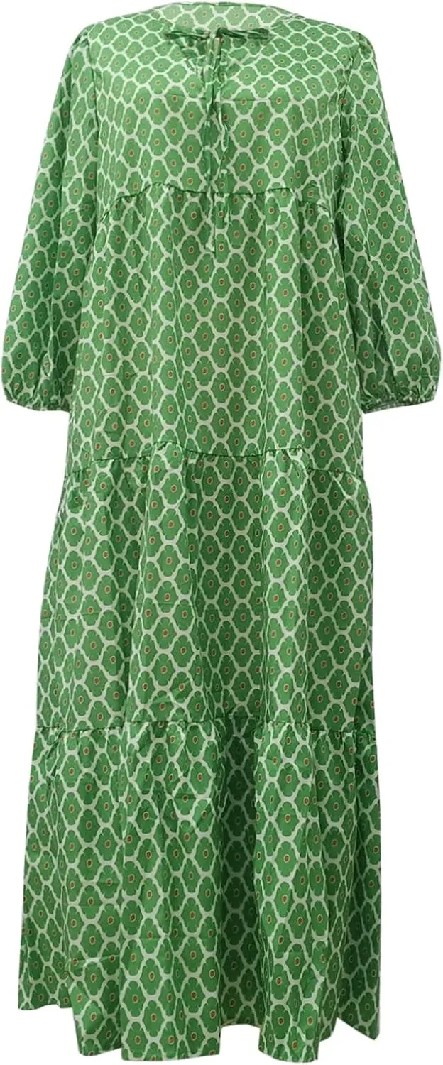 Boho Dresses for Women 2025 Puff Sleeve Geometric Tiered Maxi Dress Summer Comfy Shift Bohemian Beach Long Dress
