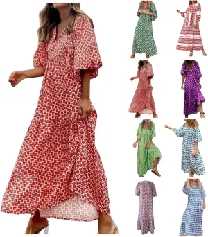 Boho Dresses for Women 2025 Puff Sleeve Geometric Tiered Maxi Dress Summer Comfy Shift Bohemian Beach Long Dress