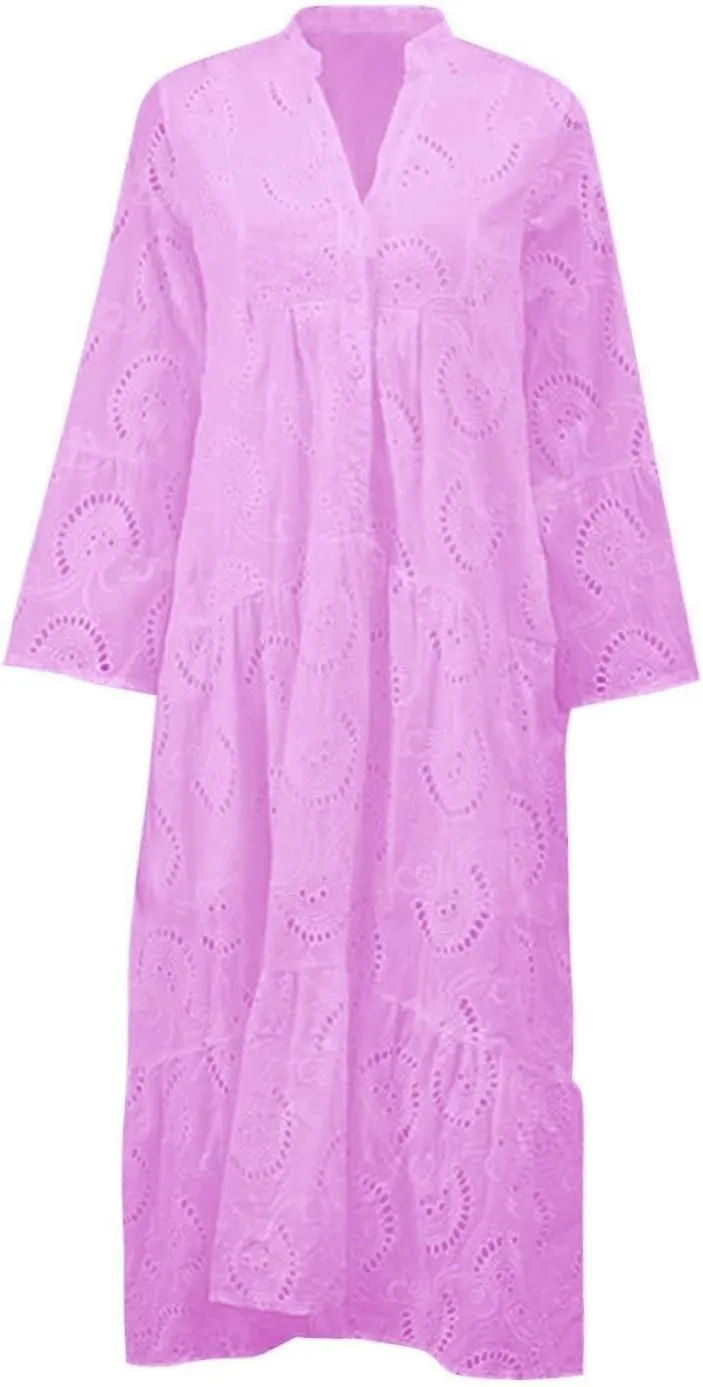 Boho Maxi Dress for Women Eyelet Dresses Elegant Lace Hollow Dress Summer V Neck Bell Sleeve Ruffle Flowy Long Dresses