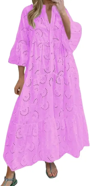 Boho Maxi Dress for Women Eyelet Dresses Elegant Lace Hollow Dress Summer V Neck Bell Sleeve Ruffle Flowy Long Dresses