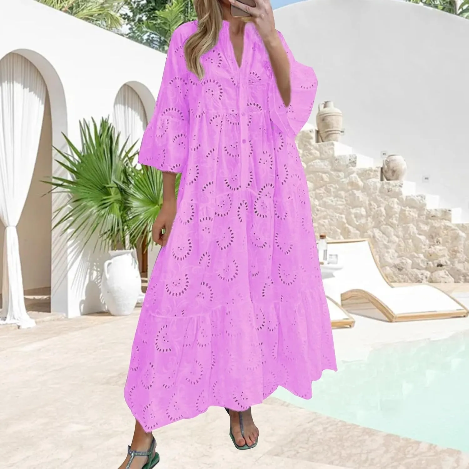 Boho Maxi Dress for Women Eyelet Dresses Elegant Lace Hollow Dress Summer V Neck Bell Sleeve Ruffle Flowy Long Dresses