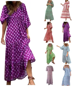 Boho Maxi Dresses for Women 2025 Summer Puff Sleeve Geometric Flowy Long Dress Modest Tiered Shift Bohemian Dress