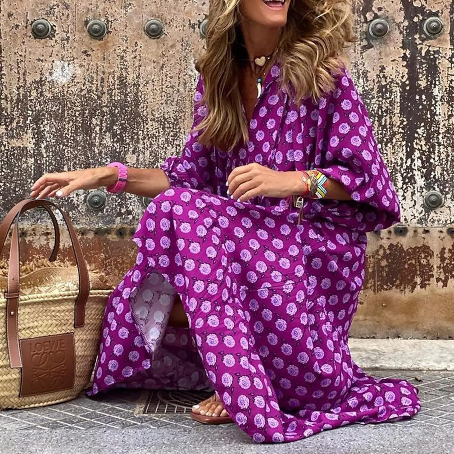 Boho Maxi Dresses for Women 2025 Summer Puff Sleeve Geometric Flowy Long Dress Modest Tiered Shift Bohemian Dress