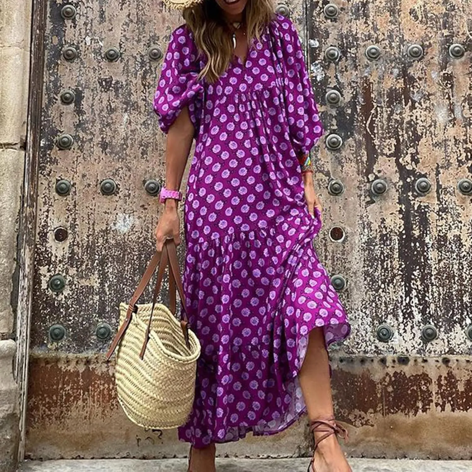 Boho Maxi Dresses for Women 2025 Summer Puff Sleeve Geometric Flowy Long Dress Modest Tiered Shift Bohemian Dress