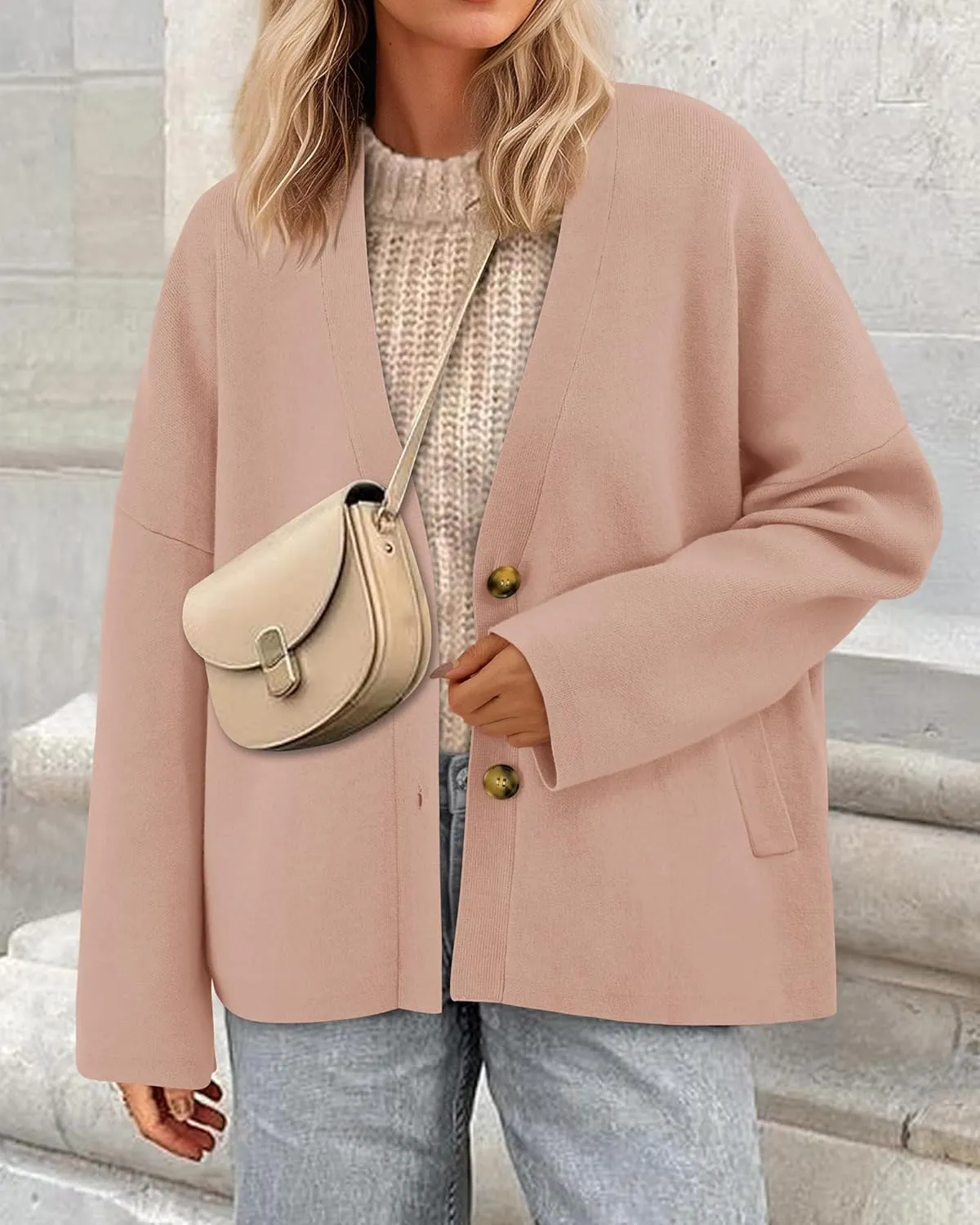 BTFBM Women's Long Sleeve Open Front Button Knit Cardigans Sweaters Loose Short Chunky Cardigan Coat Outerwear