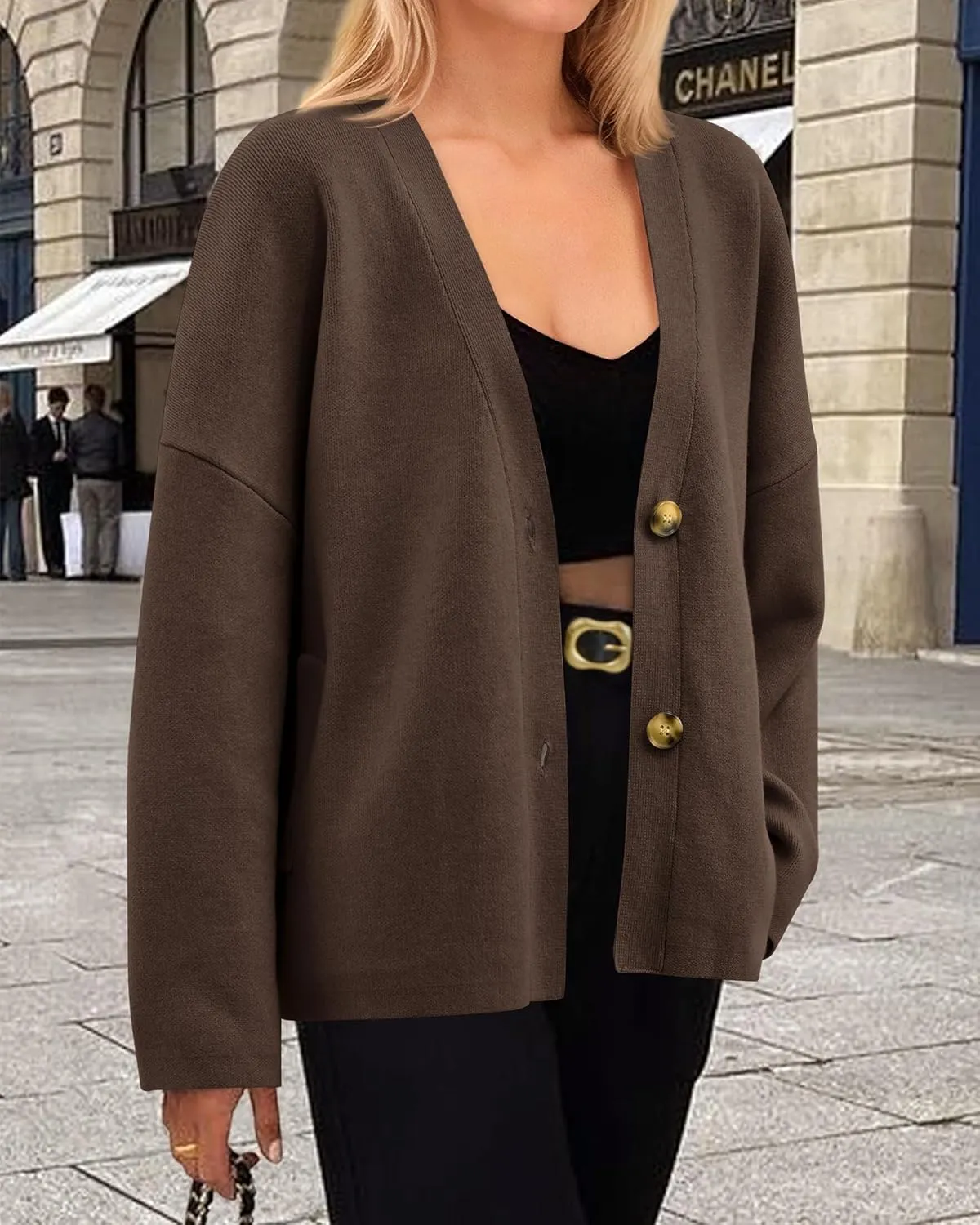 BTFBM Women's Long Sleeve Open Front Button Knit Cardigans Sweaters Loose Short Chunky Cardigan Coat Outerwear