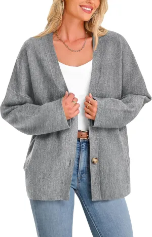BTFBM Women's Long Sleeve Open Front Button Knit Cardigans Sweaters Loose Short Chunky Cardigan Coat Outerwear