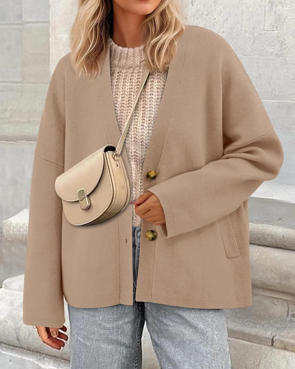 BTFBM Women's Long Sleeve Open Front Button Knit Cardigans Sweaters Loose Short Chunky Cardigan Coat Outerwear