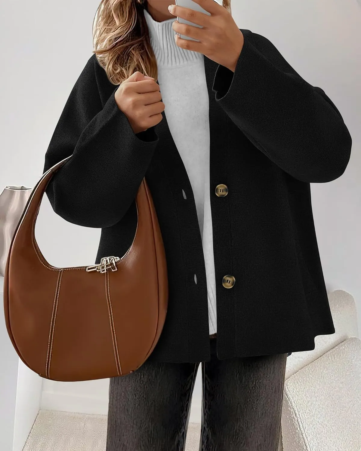 BTFBM Women's Long Sleeve Open Front Button Knit Cardigans Sweaters Loose Short Chunky Cardigan Coat Outerwear