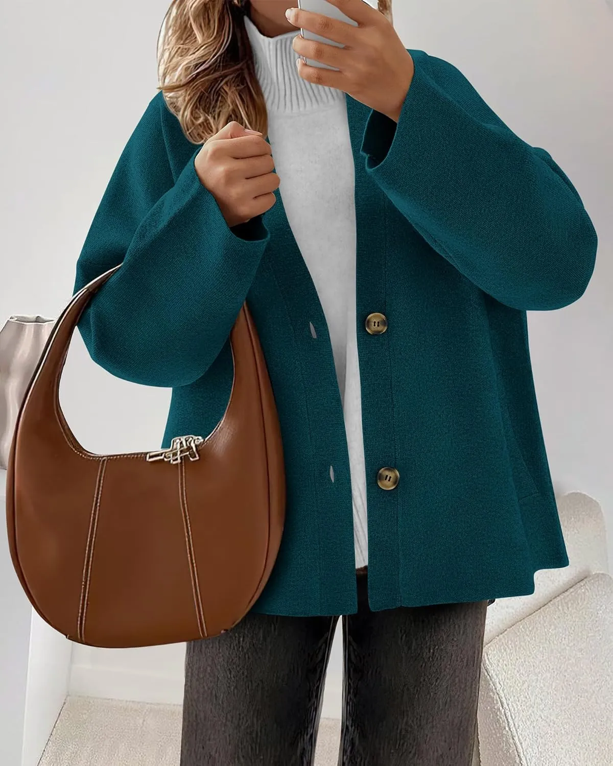 BTFBM Women's Long Sleeve Open Front Button Knit Cardigans Sweaters Loose Short Chunky Cardigan Coat Outerwear