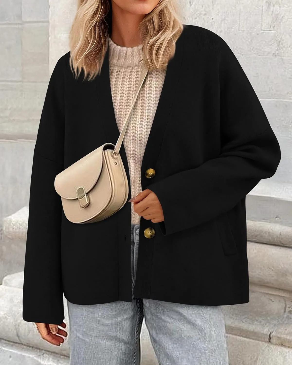 BTFBM Women's Long Sleeve Open Front Button Knit Cardigans Sweaters Loose Short Chunky Cardigan Coat Outerwear