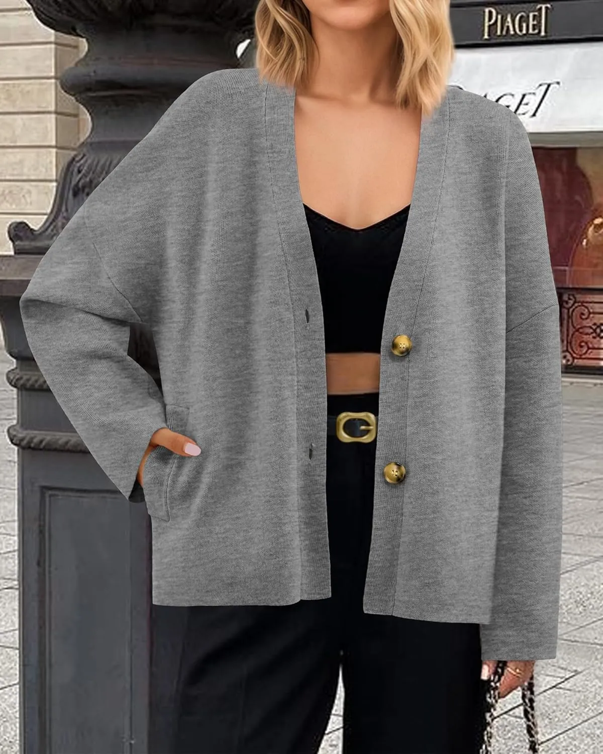 BTFBM Women's Long Sleeve Open Front Button Knit Cardigans Sweaters Loose Short Chunky Cardigan Coat Outerwear