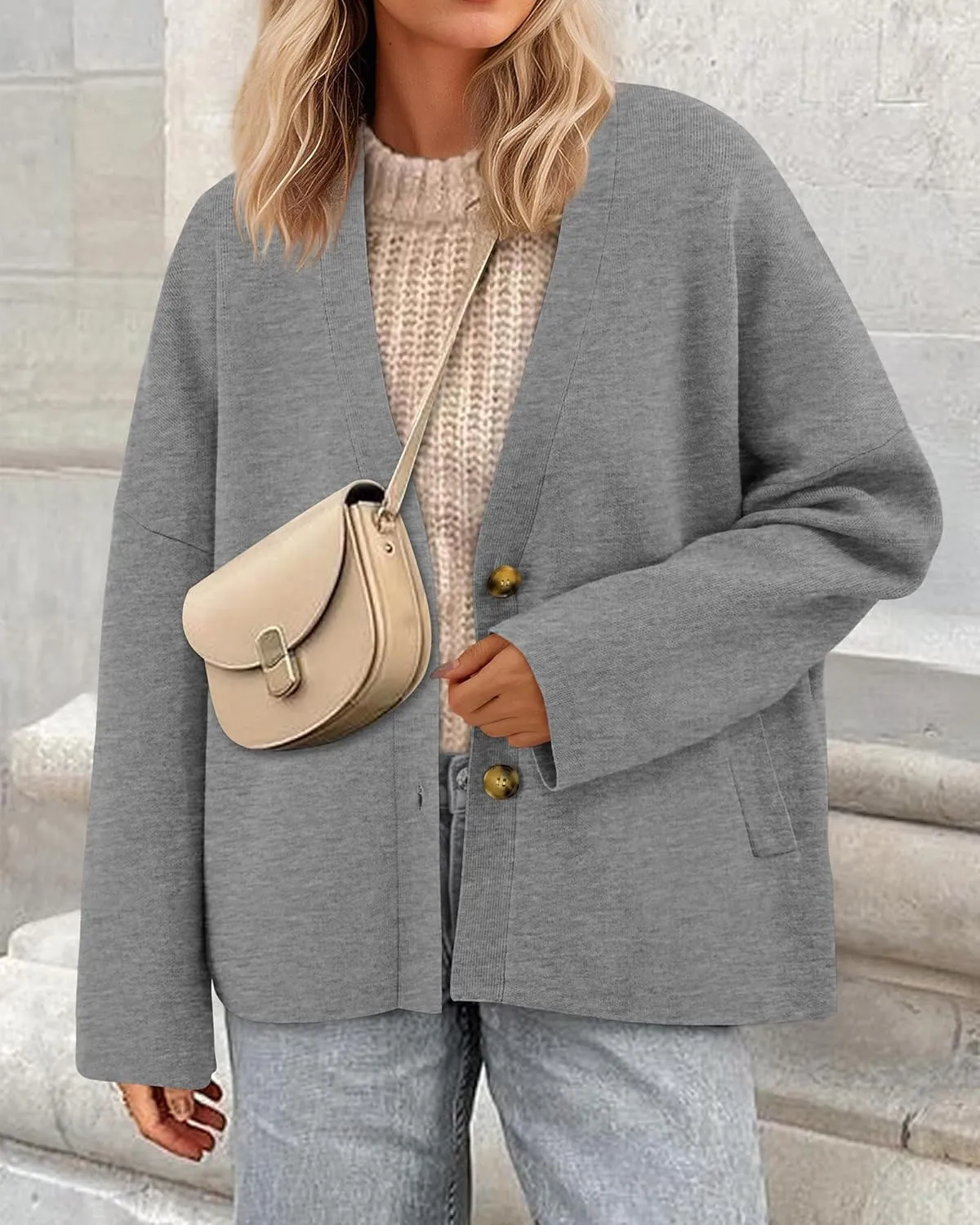BTFBM Women's Long Sleeve Open Front Button Knit Cardigans Sweaters Loose Short Chunky Cardigan Coat Outerwear