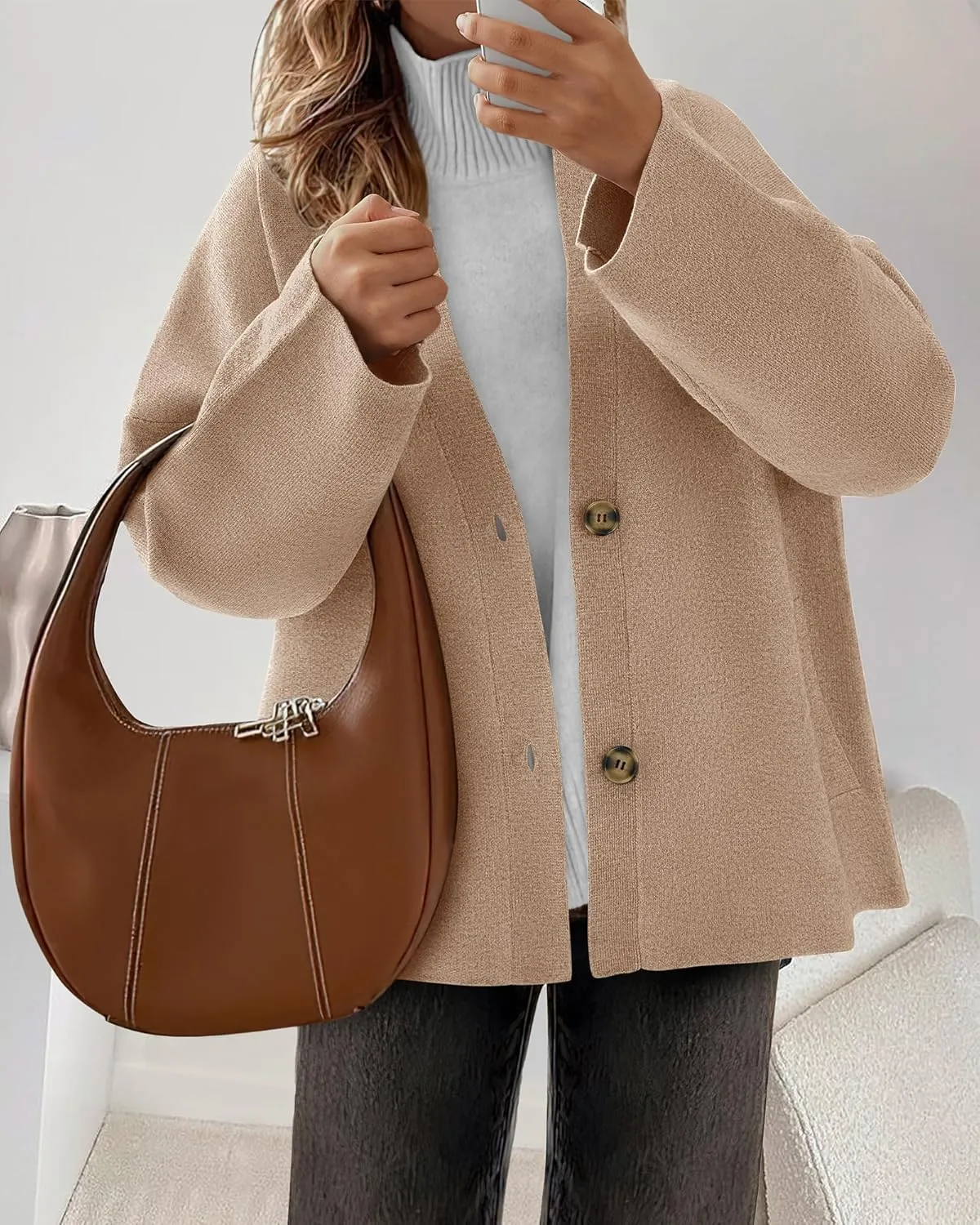 BTFBM Women's Long Sleeve Open Front Button Knit Cardigans Sweaters Loose Short Chunky Cardigan Coat Outerwear