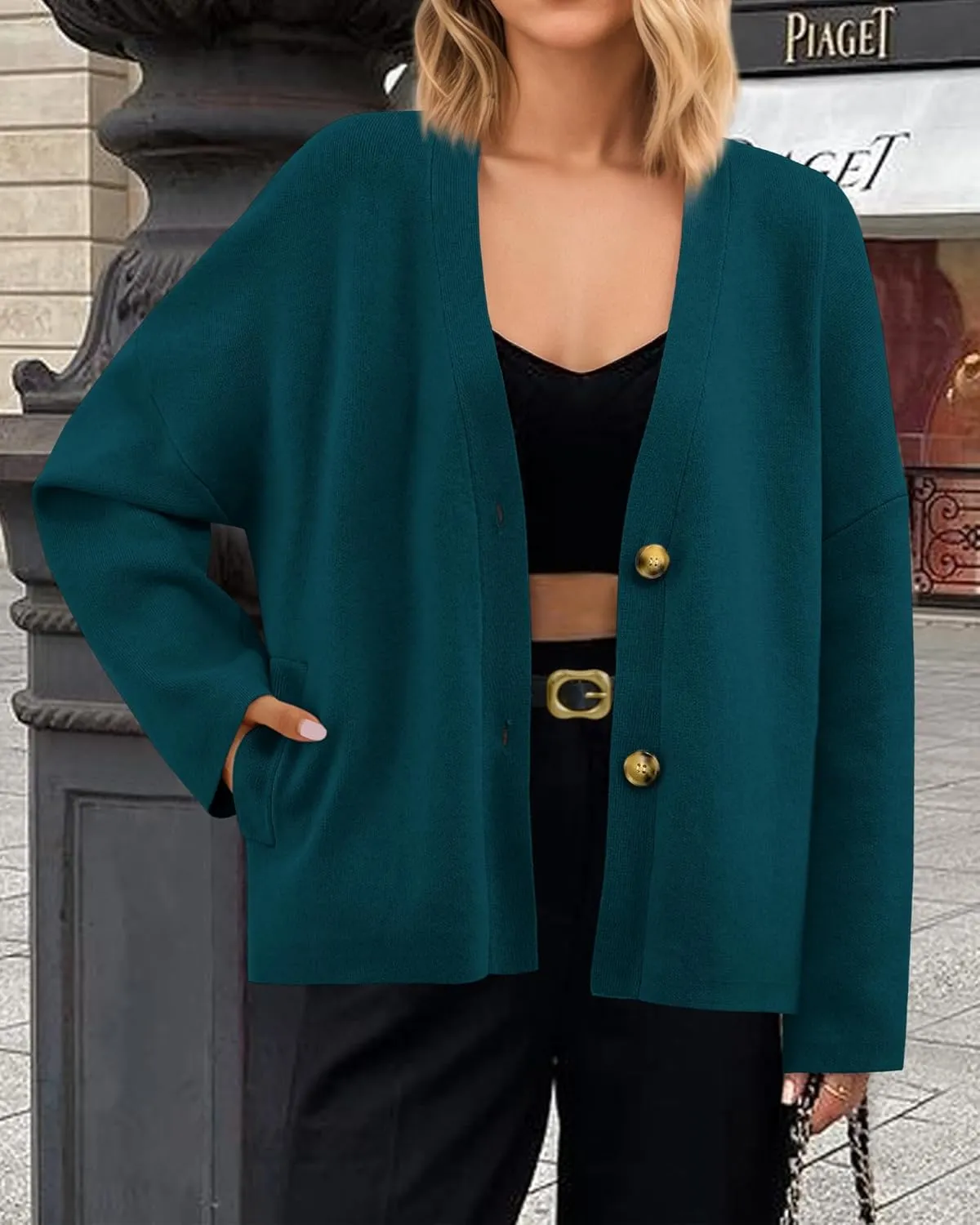 BTFBM Women's Long Sleeve Open Front Button Knit Cardigans Sweaters Loose Short Chunky Cardigan Coat Outerwear