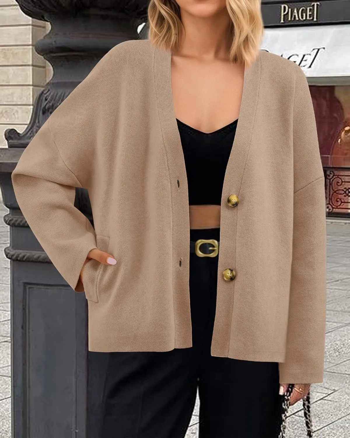 BTFBM Women's Long Sleeve Open Front Button Knit Cardigans Sweaters Loose Short Chunky Cardigan Coat Outerwear