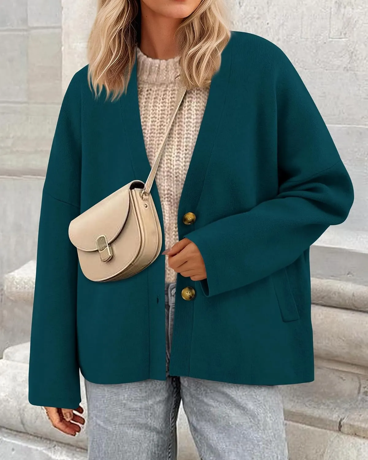 BTFBM Women's Long Sleeve Open Front Button Knit Cardigans Sweaters Loose Short Chunky Cardigan Coat Outerwear