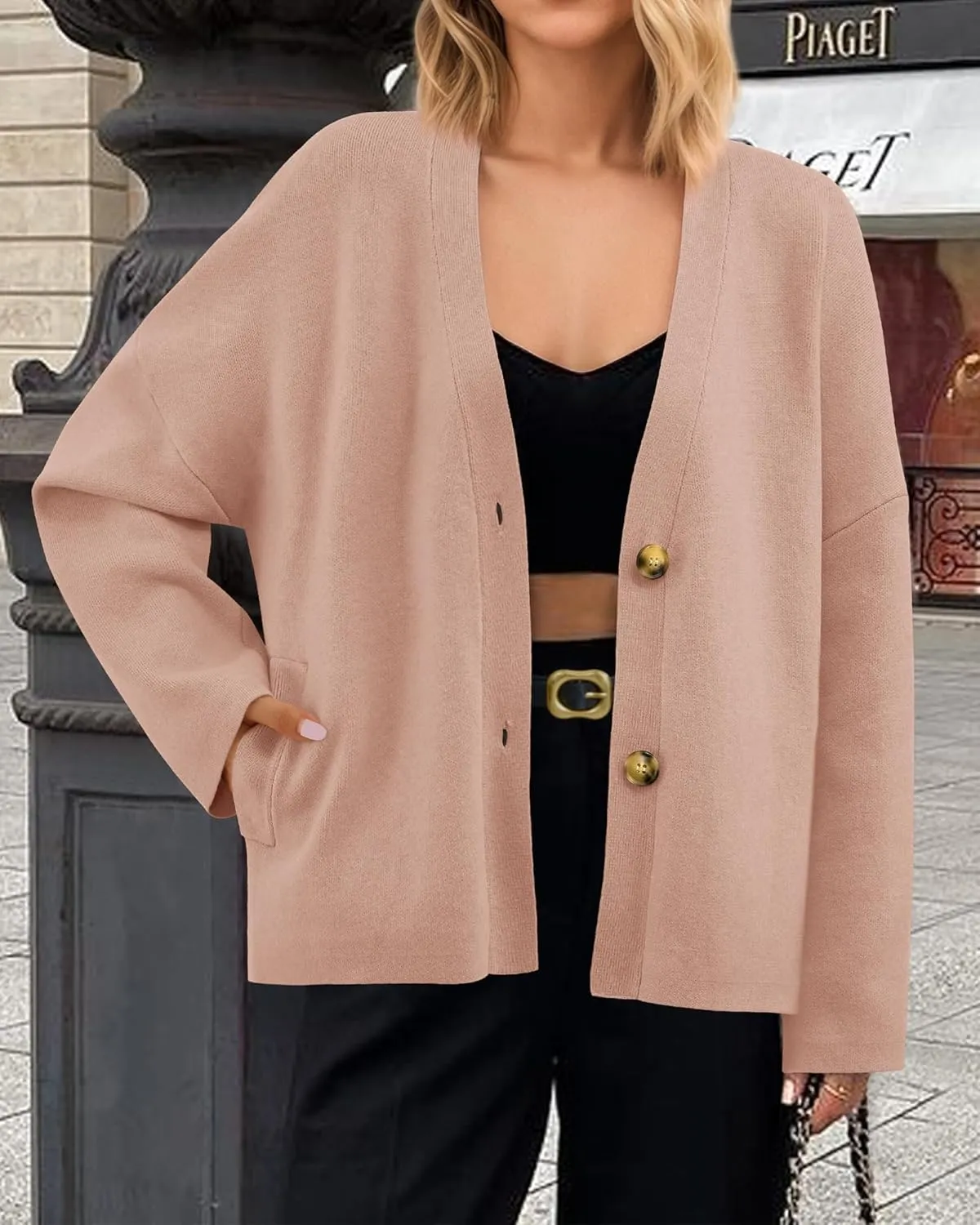 BTFBM Women's Long Sleeve Open Front Button Knit Cardigans Sweaters Loose Short Chunky Cardigan Coat Outerwear