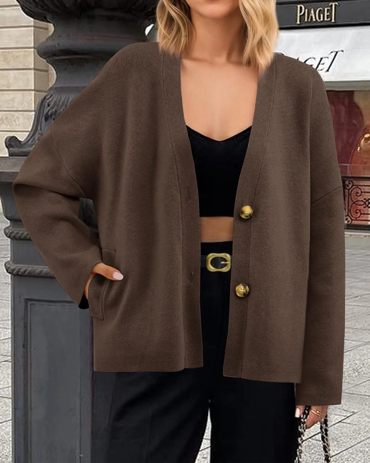 BTFBM Women's Long Sleeve Open Front Button Knit Cardigans Sweaters Loose Short Chunky Cardigan Coat Outerwear