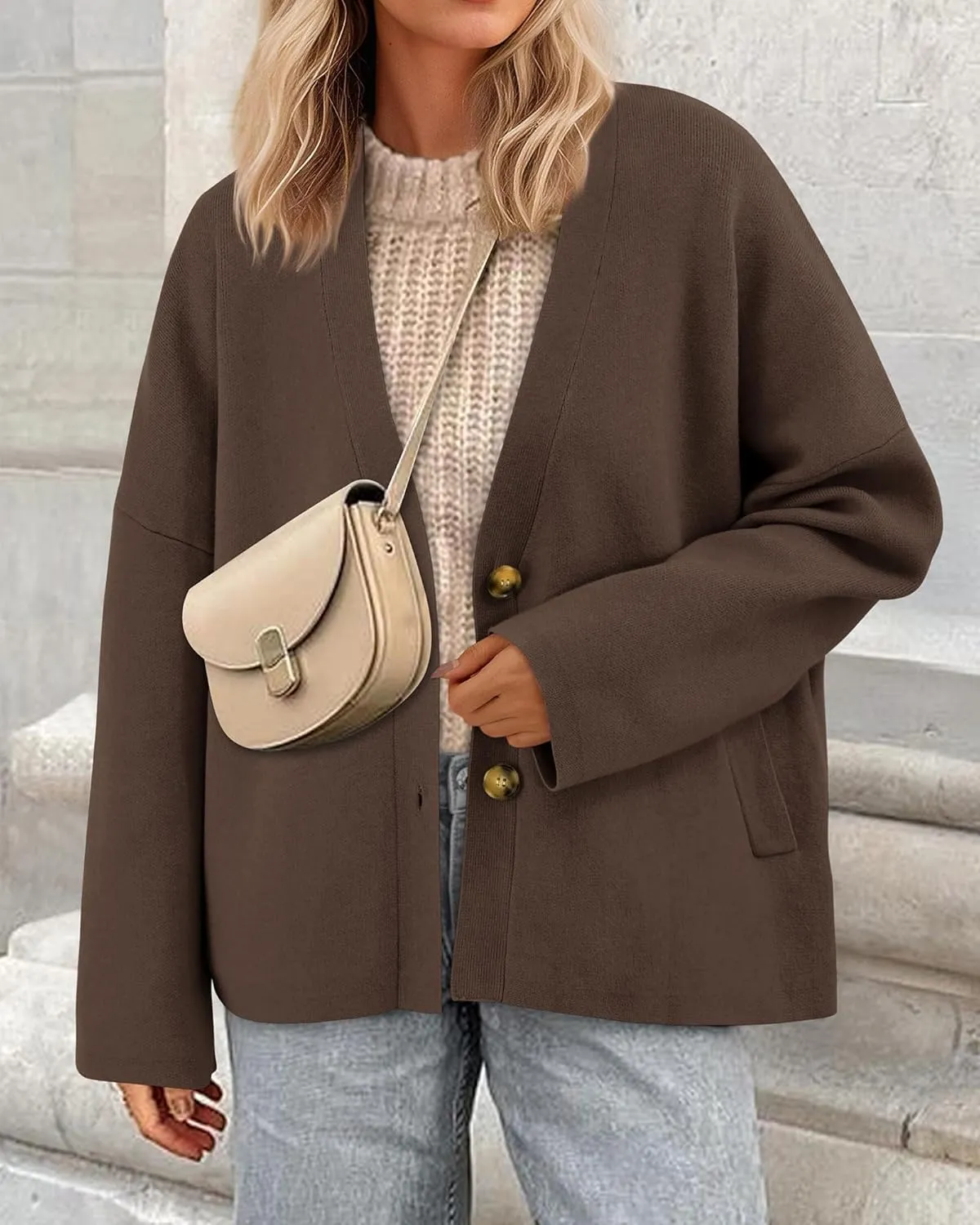 BTFBM Women's Long Sleeve Open Front Button Knit Cardigans Sweaters Loose Short Chunky Cardigan Coat Outerwear