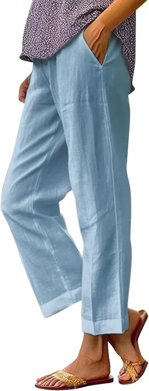 Capri Pants for Women Casual Summer Drawstring Elastic High Waist Linen Pant Straight Wide Leg Cropped Trouser