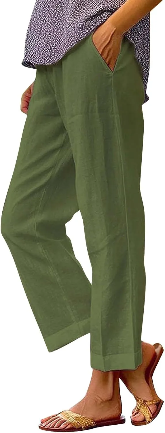 Capri Pants for Women Casual Summer Drawstring Elastic High Waist Linen Pant Straight Wide Leg Cropped Trouser