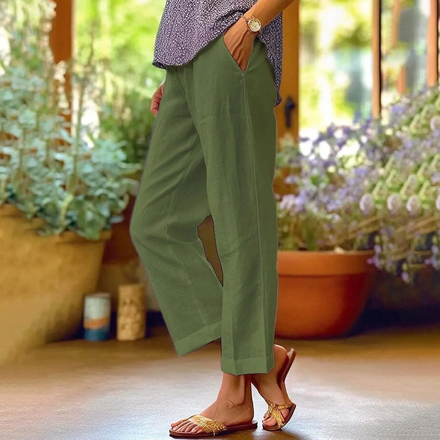 Capri Pants for Women Casual Summer Drawstring Elastic High Waist Linen Pant Straight Wide Leg Cropped Trouser