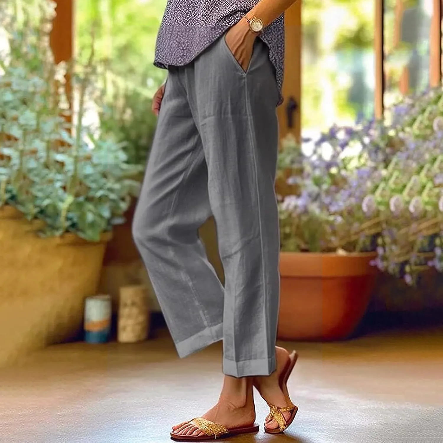 Capri Pants for Women Casual Summer Drawstring Elastic High Waist Linen Pant Straight Wide Leg Cropped Trouser