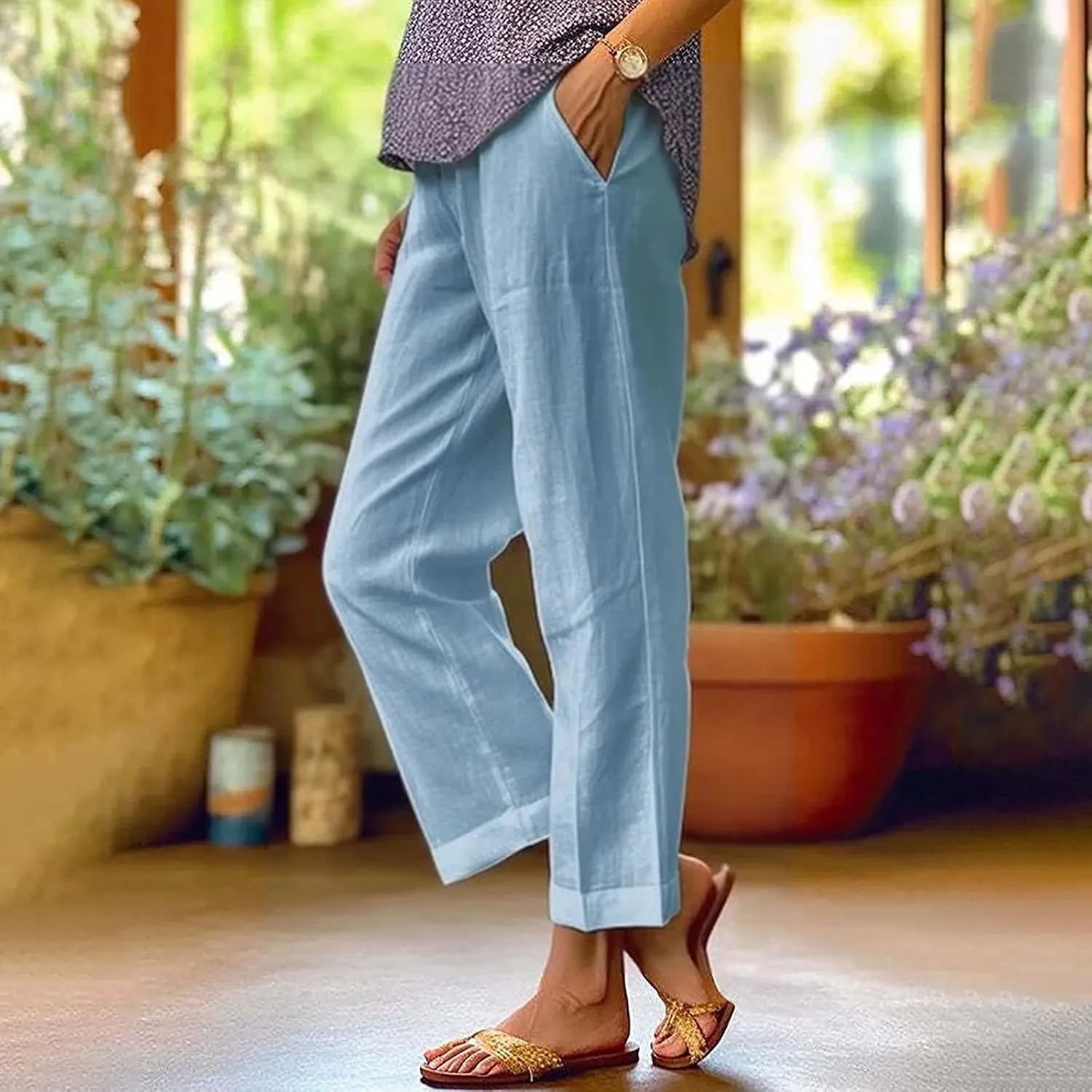 Capri Pants for Women Casual Summer Drawstring Elastic High Waist Linen Pant Straight Wide Leg Cropped Trouser