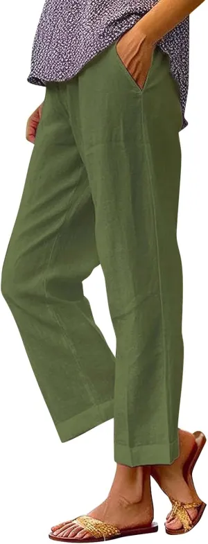 Capri Pants for Women Casual Summer Drawstring Elastic High Waist Linen Pant Straight Wide Leg Cropped Trouser