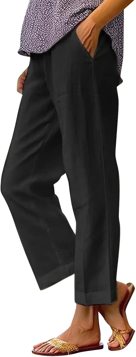 Capri Pants for Women Casual Summer Drawstring Elastic High Waist Linen Pant Straight Wide Leg Cropped Trouser