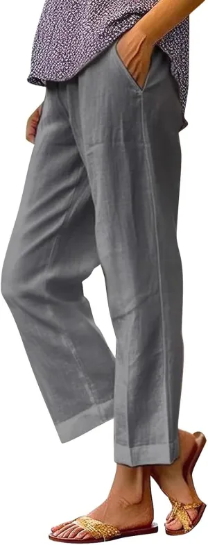 Capri Pants for Women Casual Summer Drawstring Elastic High Waist Linen Pant Straight Wide Leg Cropped Trouser