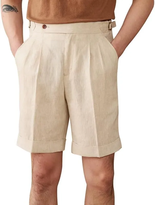 Casual Linen Short Pants Adjustable Waist Suit Separates-Pants Lightweight Summer Beach Shorts for Men