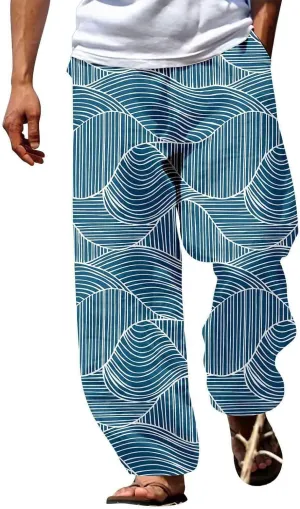 Casual Pants for Mens Geometry Graphic Elastic Waist Drawstring Wide Leg Trousers Summer Vacation Hawaii Streetwear