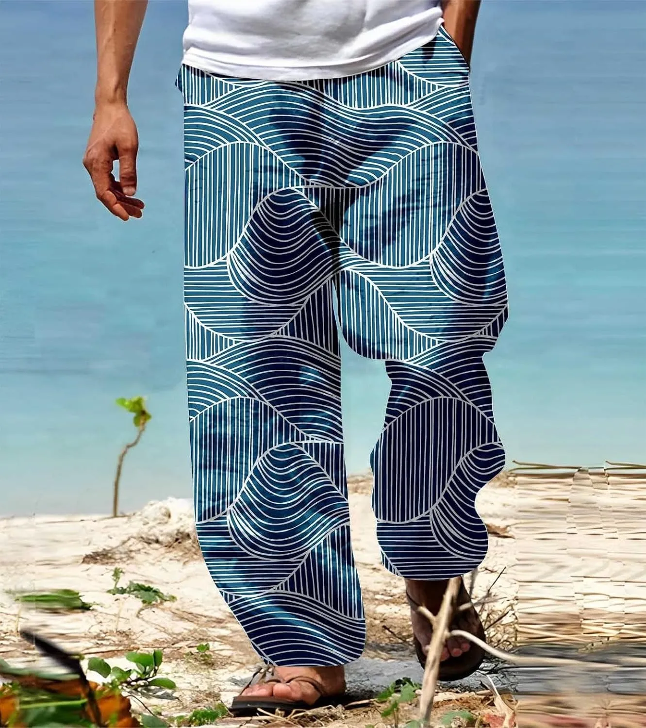 Casual Pants for Mens Geometry Graphic Elastic Waist Drawstring Wide Leg Trousers Summer Vacation Hawaii Streetwear