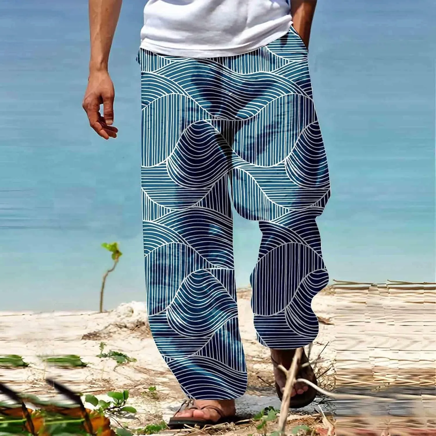 Casual Pants for Mens Geometry Graphic Elastic Waist Drawstring Wide Leg Trousers Summer Vacation Hawaii Streetwear