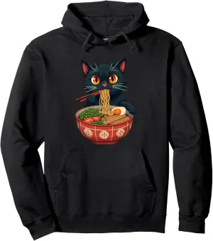 Cat Ramen Japanese Funny Graphic Tees Kawaii Cat Anime Gifts Pullover Hoodie