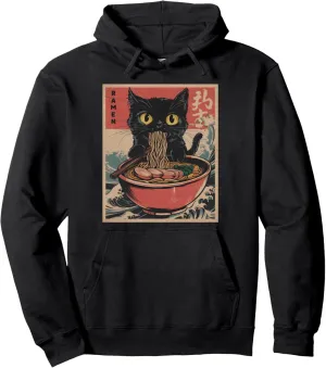 Cat Ramen Japanese Funny Graphic Tees Kawaii Cat Anime Gifts Pullover Hoodie