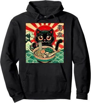 Cat Ramen Japanese Funny Graphic Tees Kawaii Cat Anime Gifts Pullover Hoodie