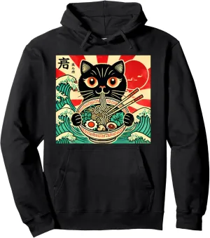 Cat Ramen Japanese Funny Graphic Tees Kawaii Cat Anime Gifts Pullover Hoodie