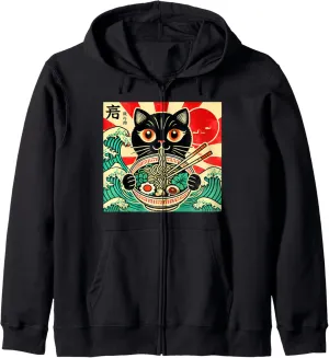 Cat Ramen Japanese Funny Graphic Tees Kawaii Cat Anime Gifts Zip Hoodie