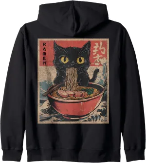 Cat Ramen Japanese Funny Graphic Tees Kawaii Cat Anime Gifts Zip Hoodie