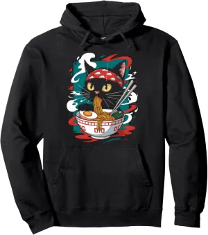 Cat Ramen Japanese Funny Graphic Tees Kawaii Cat Anime Pullover Hoodie